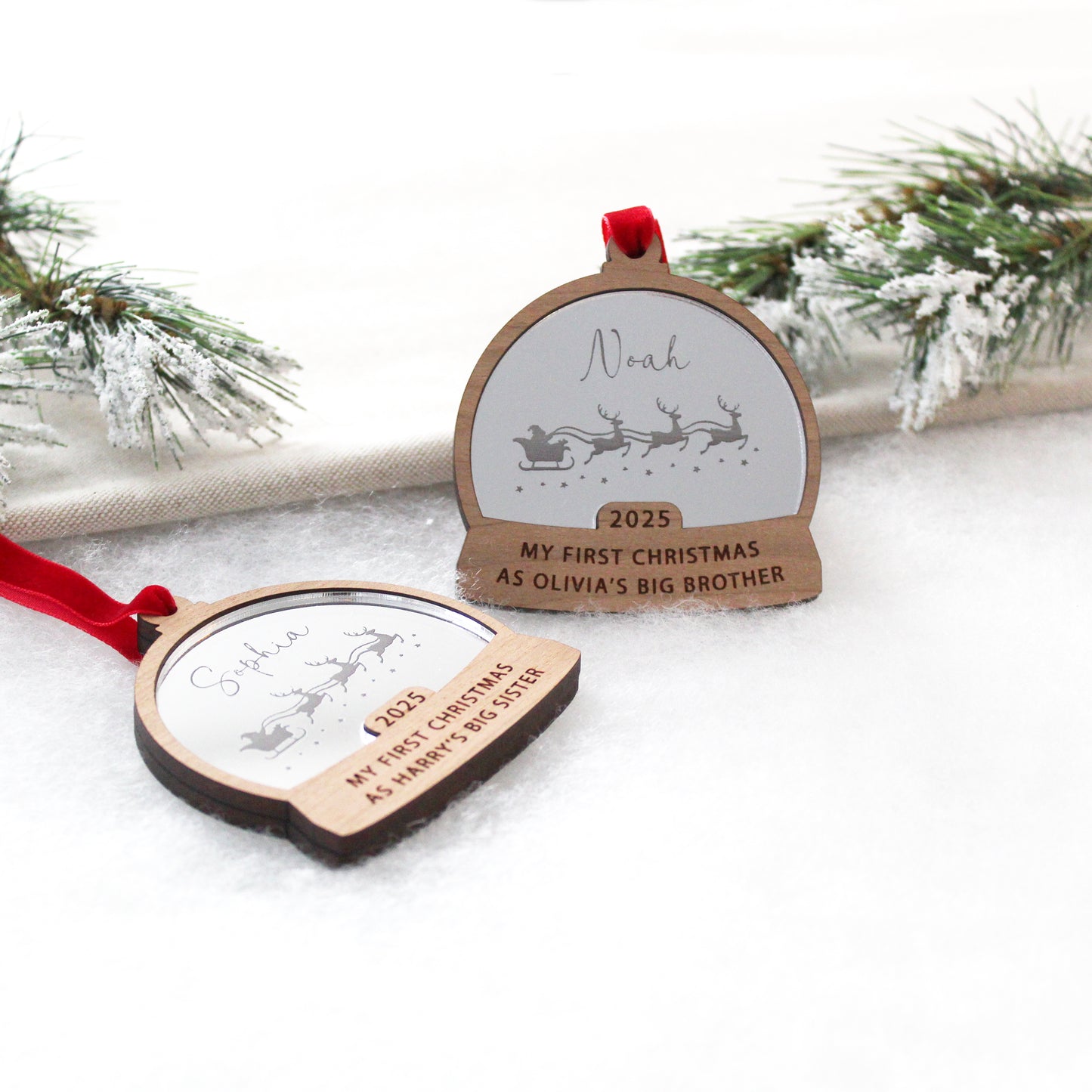First Christmas As Big Brother Or Sister Snow Globe Style Personalised Bauble