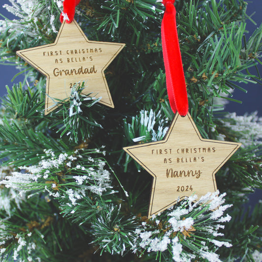 First Christmas As Grandparents Personalised Wooden Star Christmas Decorations