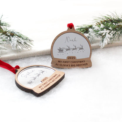 First Christmas As Big Brother Or Sister Snow Globe Style Personalised Bauble