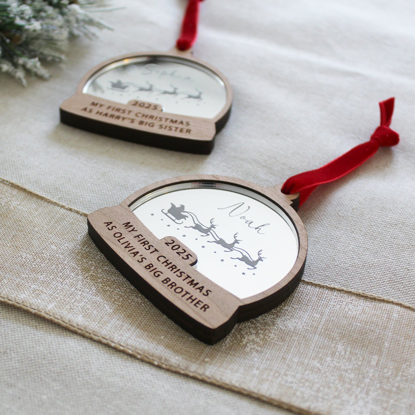 First Christmas As Big Brother Or Sister Snow Globe Style Personalised Bauble