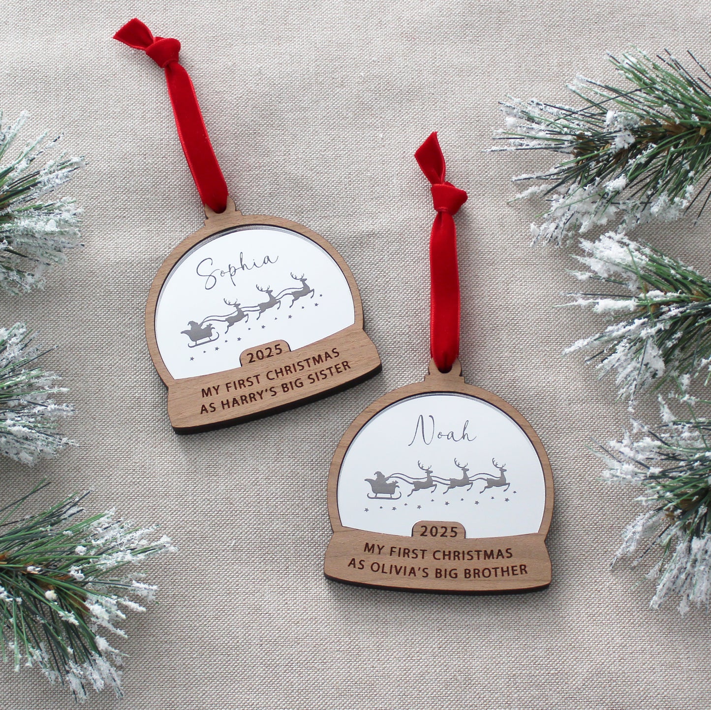 First Christmas As Big Brother Or Sister Snow Globe Style Personalised Bauble
