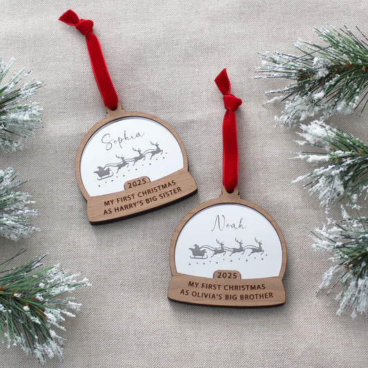 First Christmas As Big Brother Or Sister Snow Globe Style Personalised Bauble