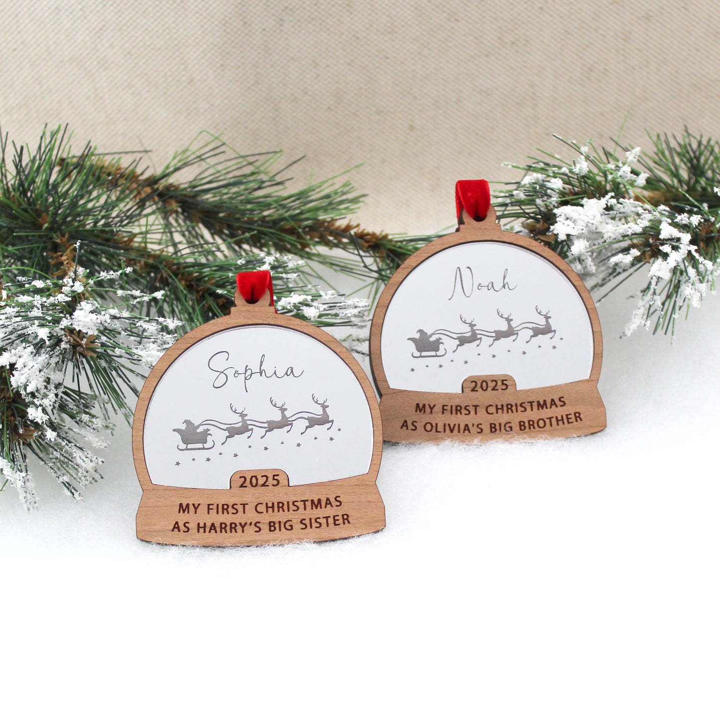 First Christmas As Big Brother Or Sister Snow Globe Style Personalised Bauble