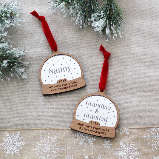 First Christmas As Grandparents Personalised Name Snow Globe Style Bauble