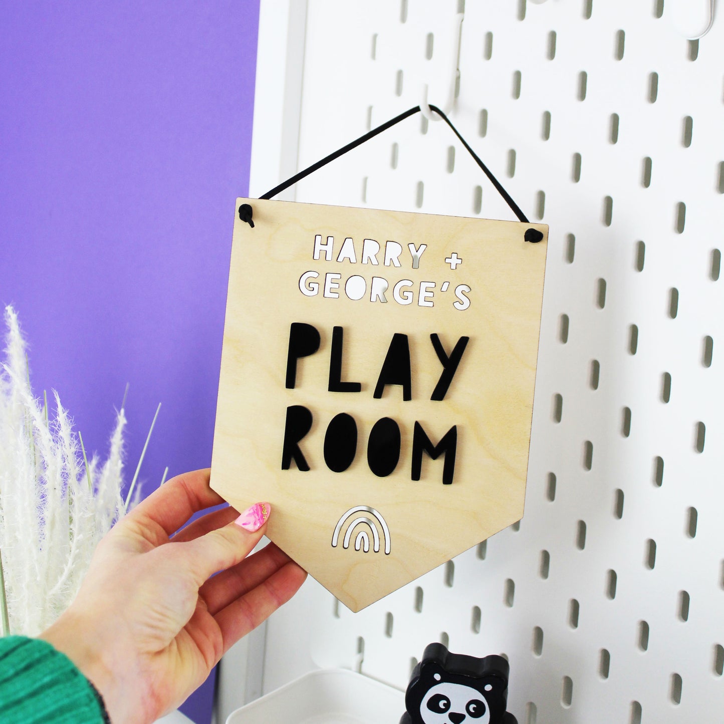 Personalised Monochrome Play Room Wooden Flag